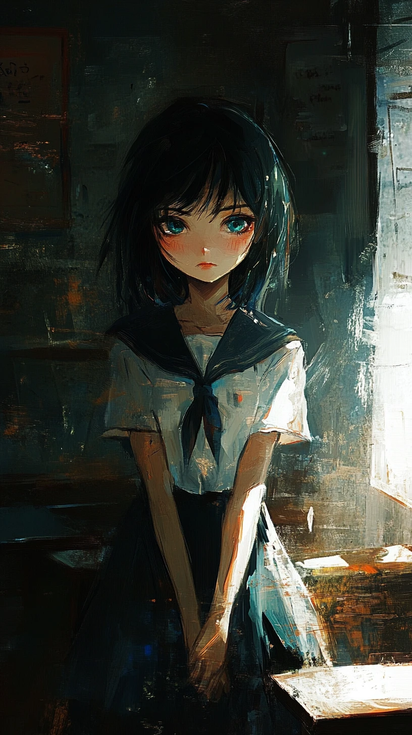 Melancholic Anime Schoolgirl In A Dimly Lit Classroom
