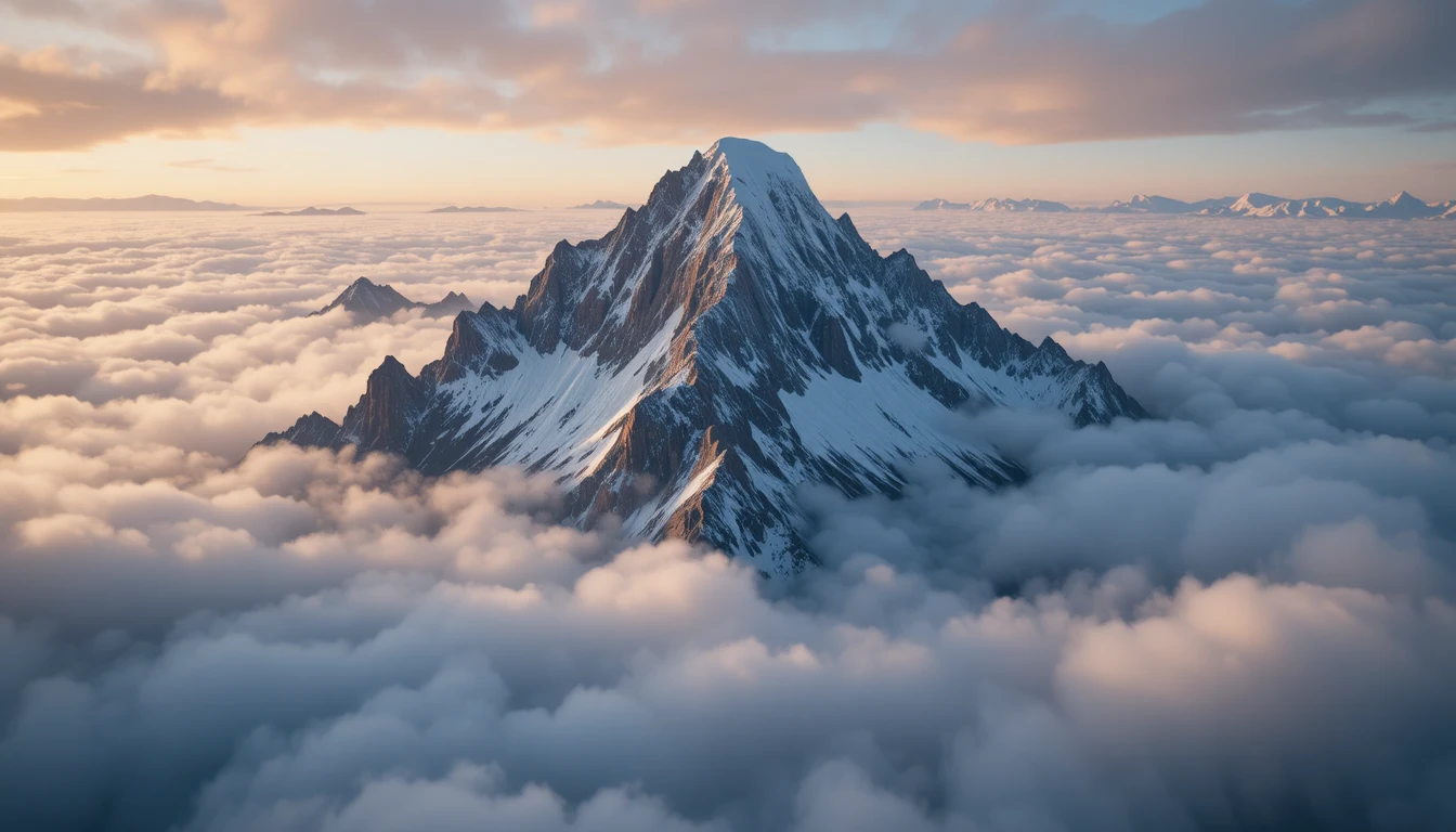 Pico de montanha coberto de neve acima de nuvens em espiral