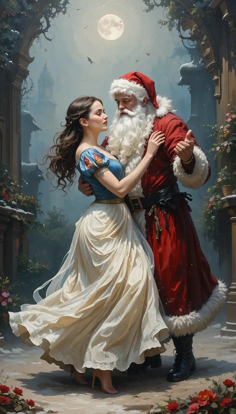 Babbo Natale che Balla Gioiosamente con una Principessa delle Fiabe