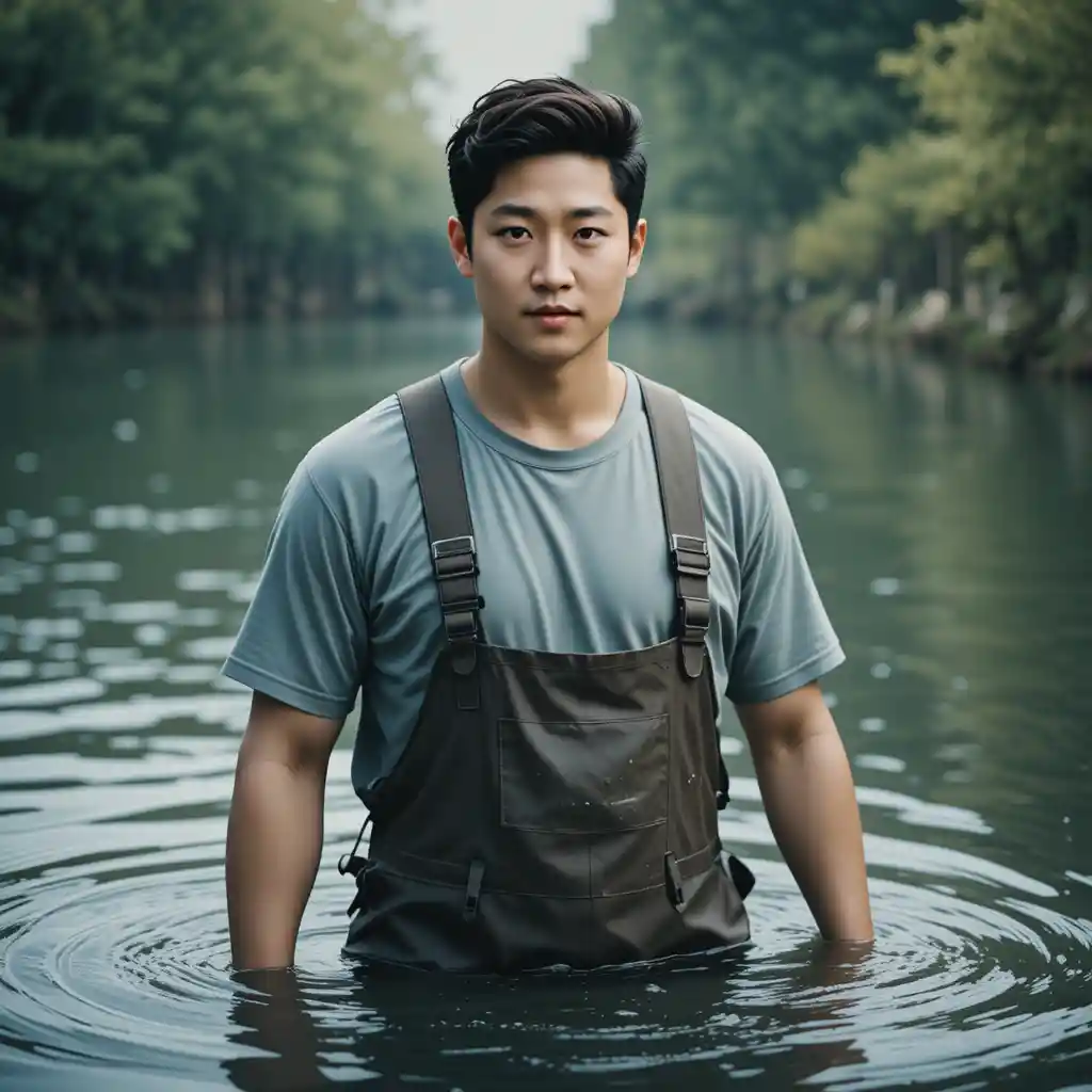 Asian man standing waist deep in a dramatic pond scene