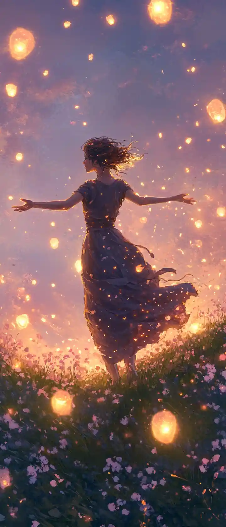 Young woman on hill with glowing cherry blossoms at twilight