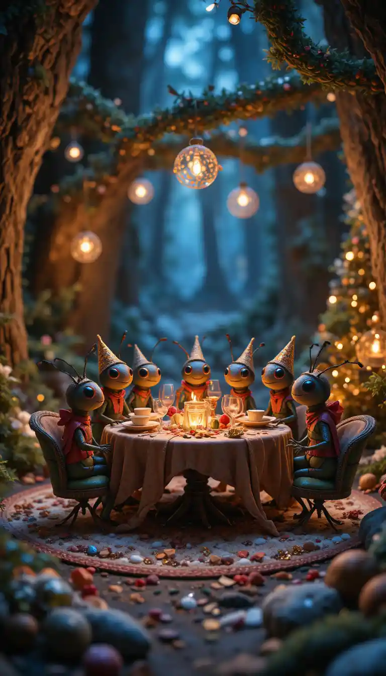 Insetti in stile Pixar che festeggiano il Natale in una radura nella foresta