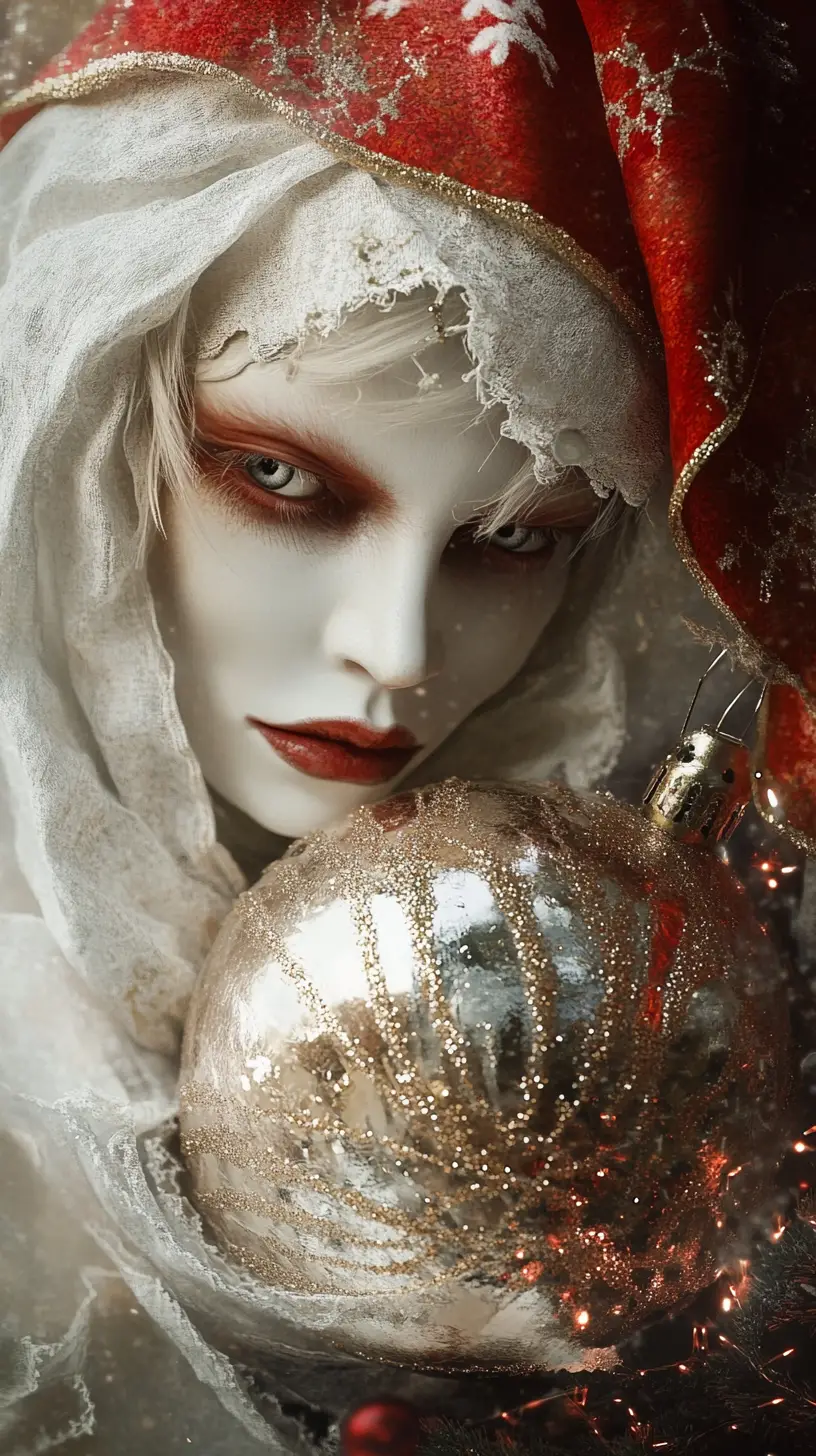 Weihnachtsmime mit Ornament verschmolzen in dunkler Märchenszene