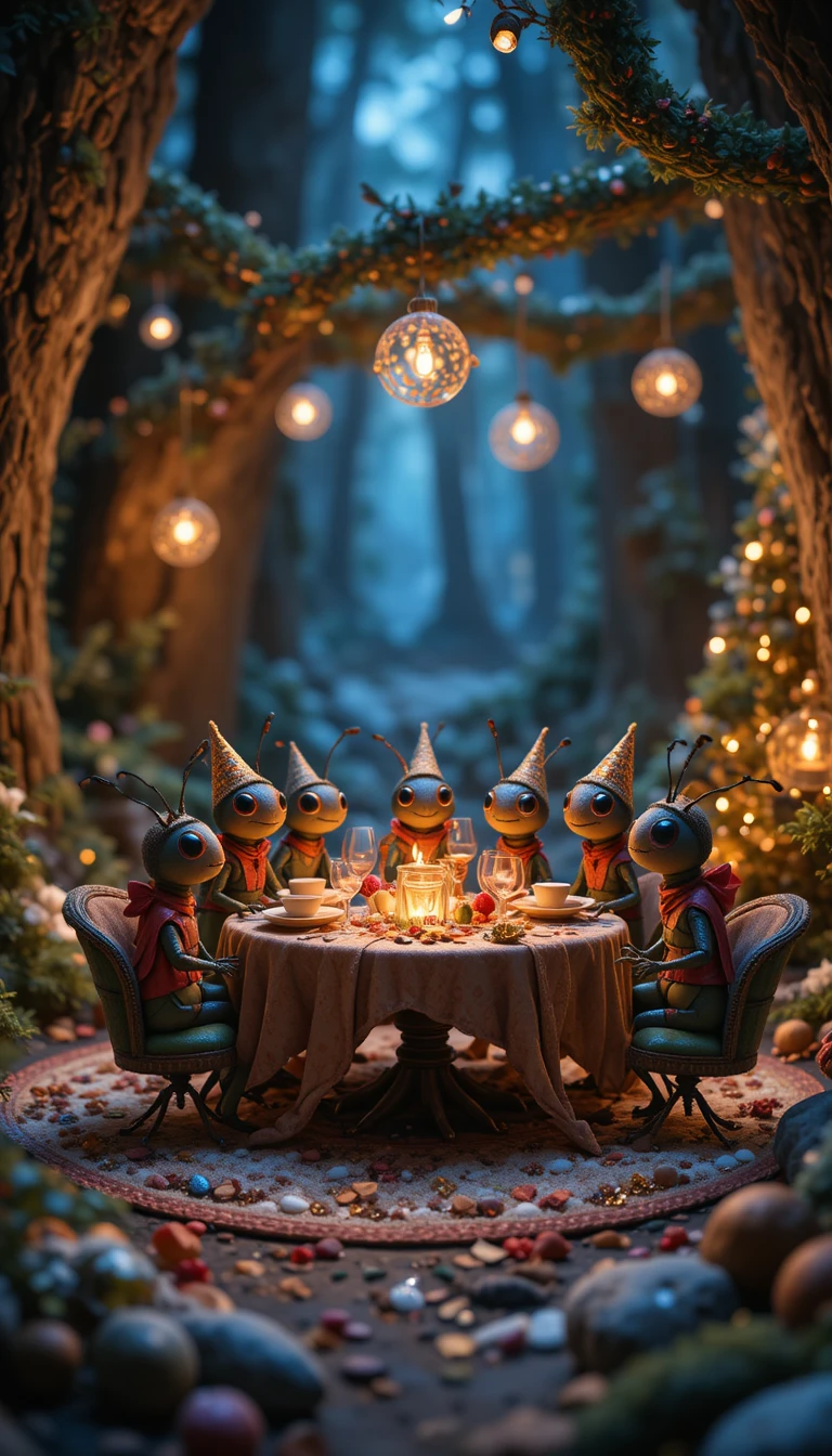 Pixar style insects celebrating Christmas in a forest clearing