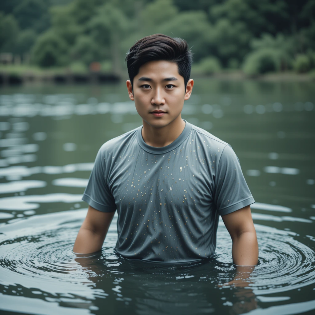 Asian man standing waist deep in dramatic pond scene