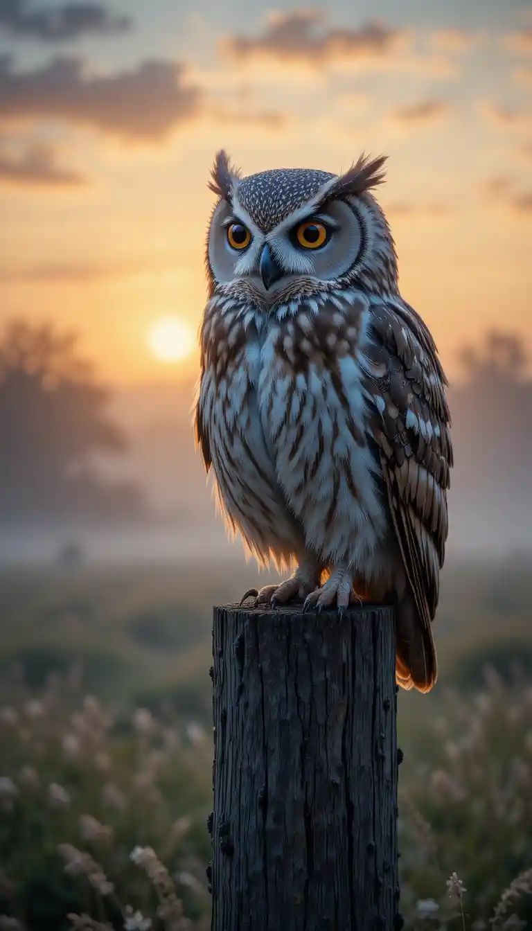 Hibou sur un Poteau en Bois au Lever du Soleil au-dessus de Prairies Brumeuses