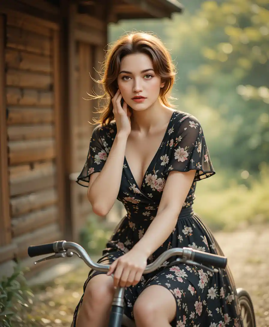 Woman in floral dress riding a bicycle outdoors