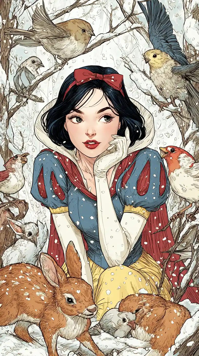 Ragazza fantasy moderna in un mondo innevato con animali