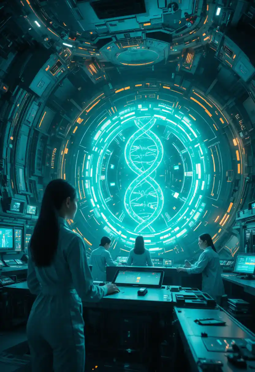 Close up sci fi lab with holographic dna control panel