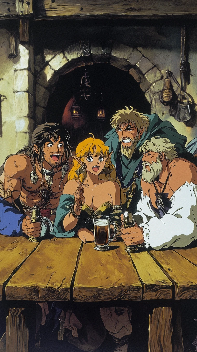 Compagnons d’aventure partageant repas et bière dans une taverne
