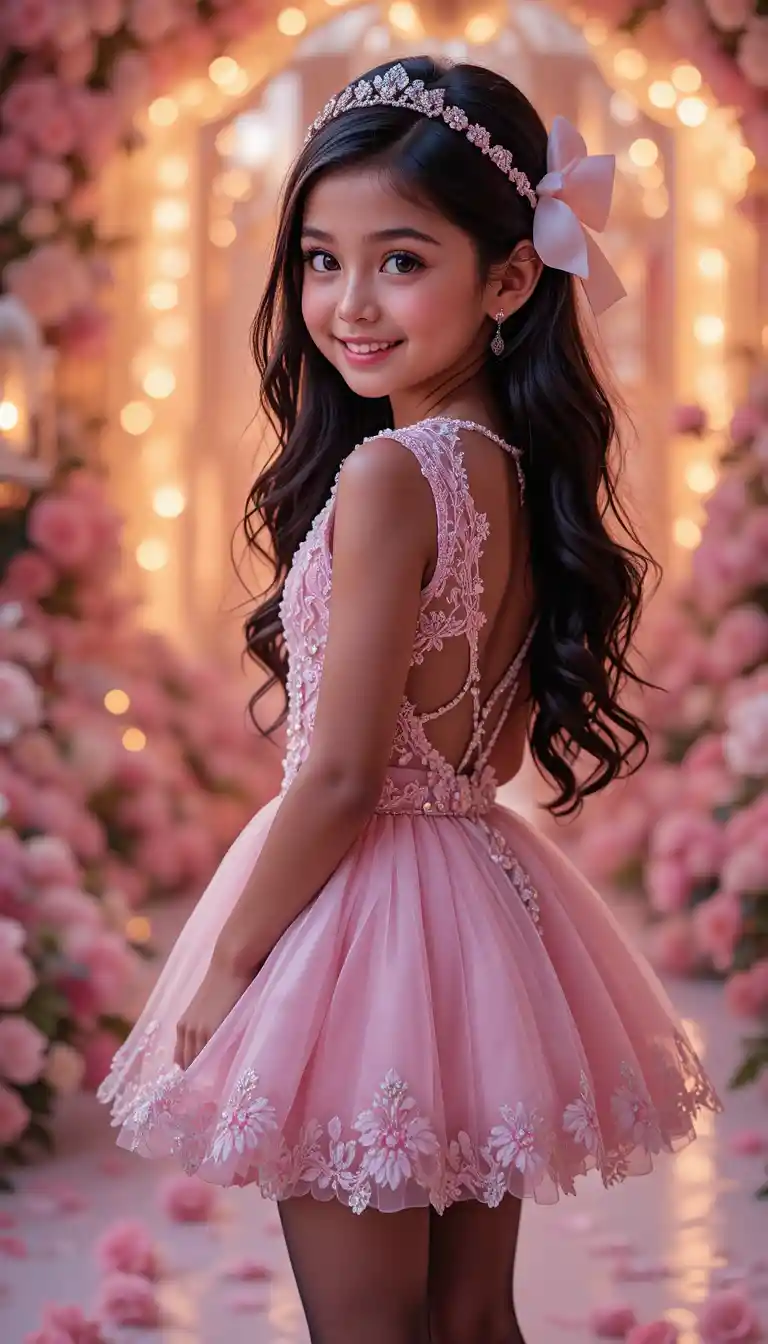 Joven con vestido rosa en elegante fiesta interior