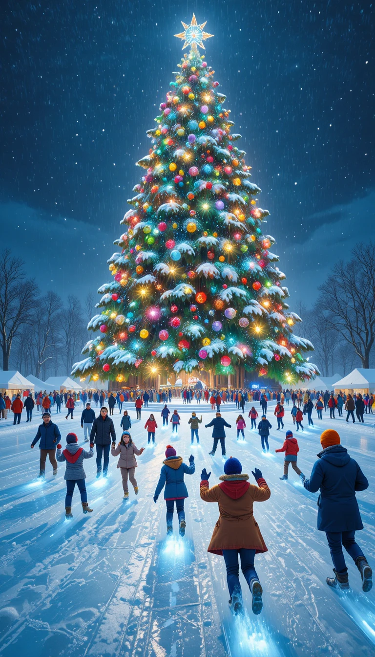 Famílias patinando em uma pista de gelo ao ar livre cintilante na noite de Natal