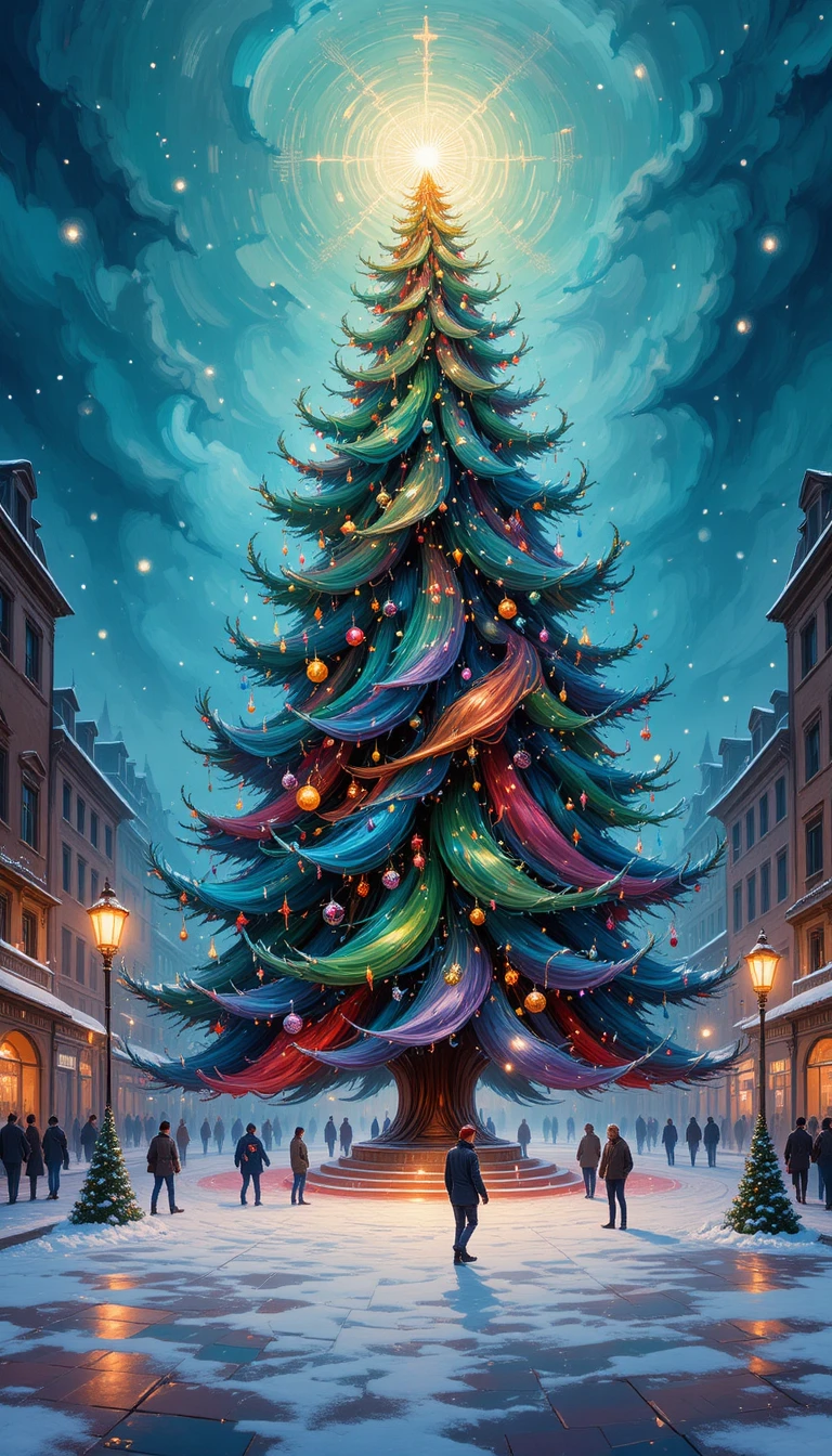 Sapin de Noël abstrait et lumineux sur une place enneigée