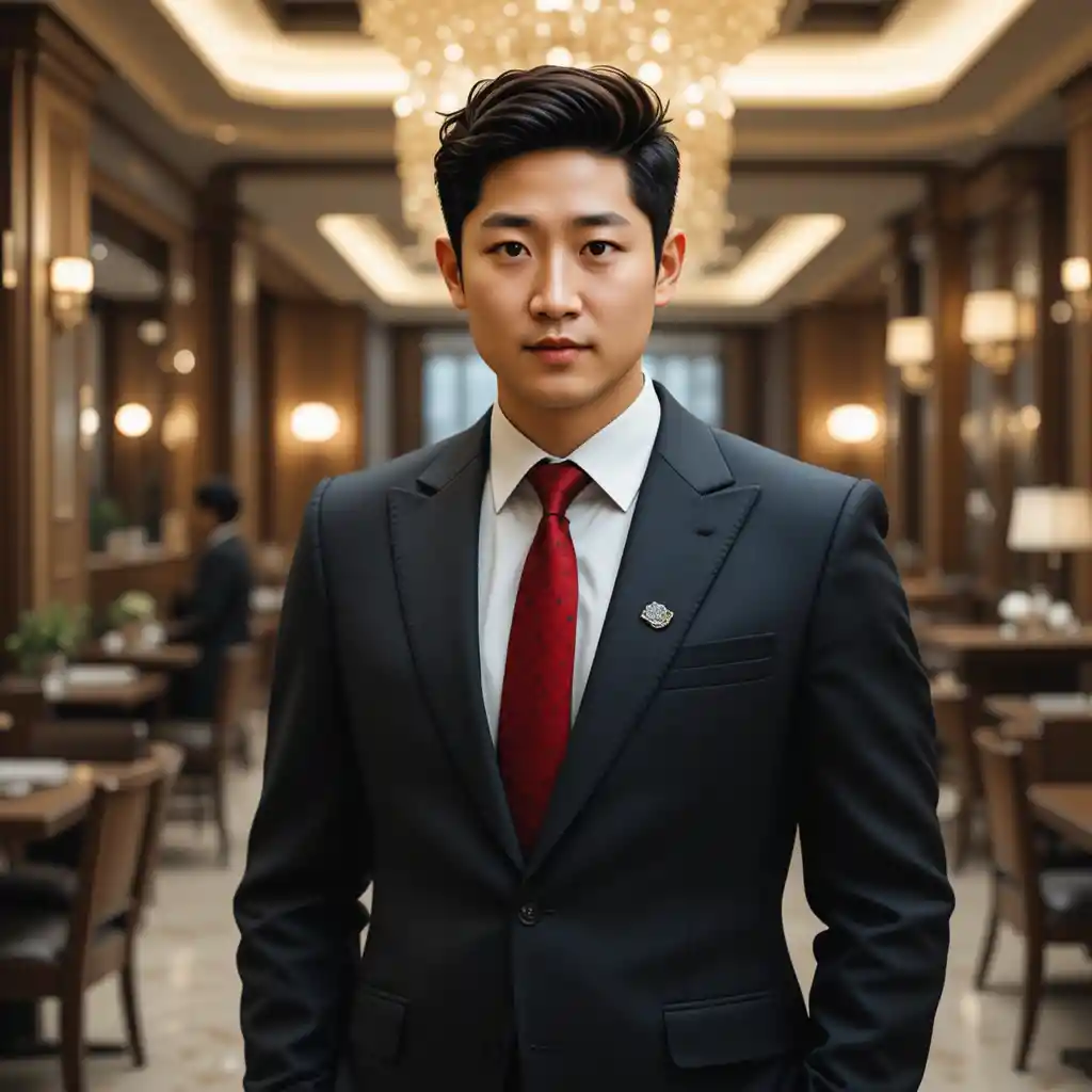 Asian man in black suit standing in dramatic restaurant lobby