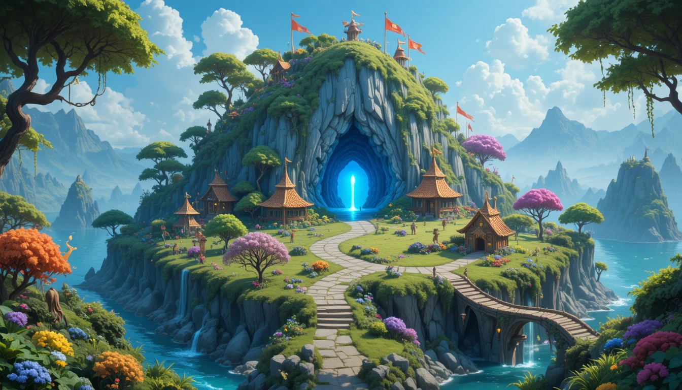 Whimsical fantasy island with glowing cave and mythical creatures