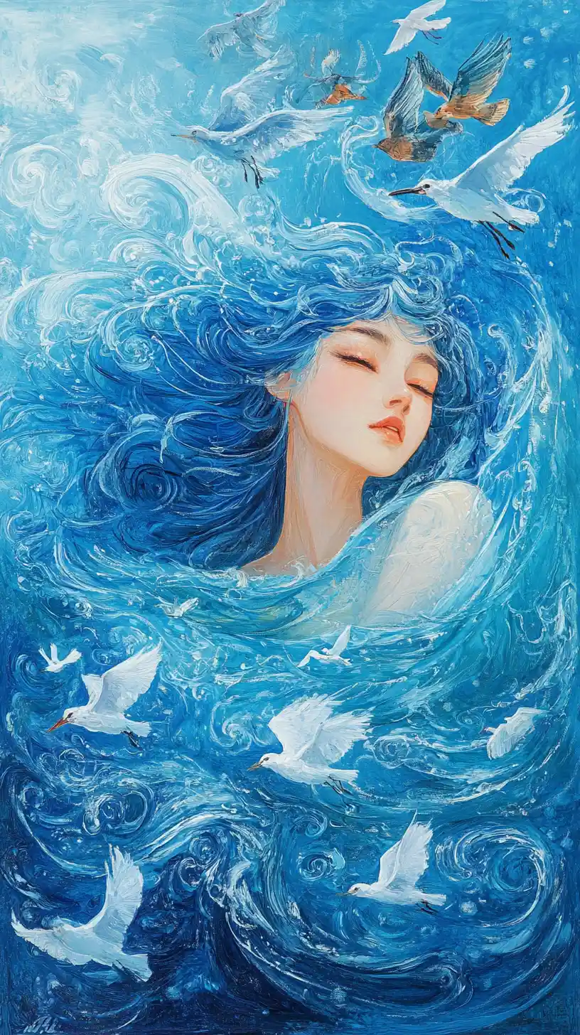 Frau mit blauem Haar, das mit einem ruhigen Meer verschmilzt