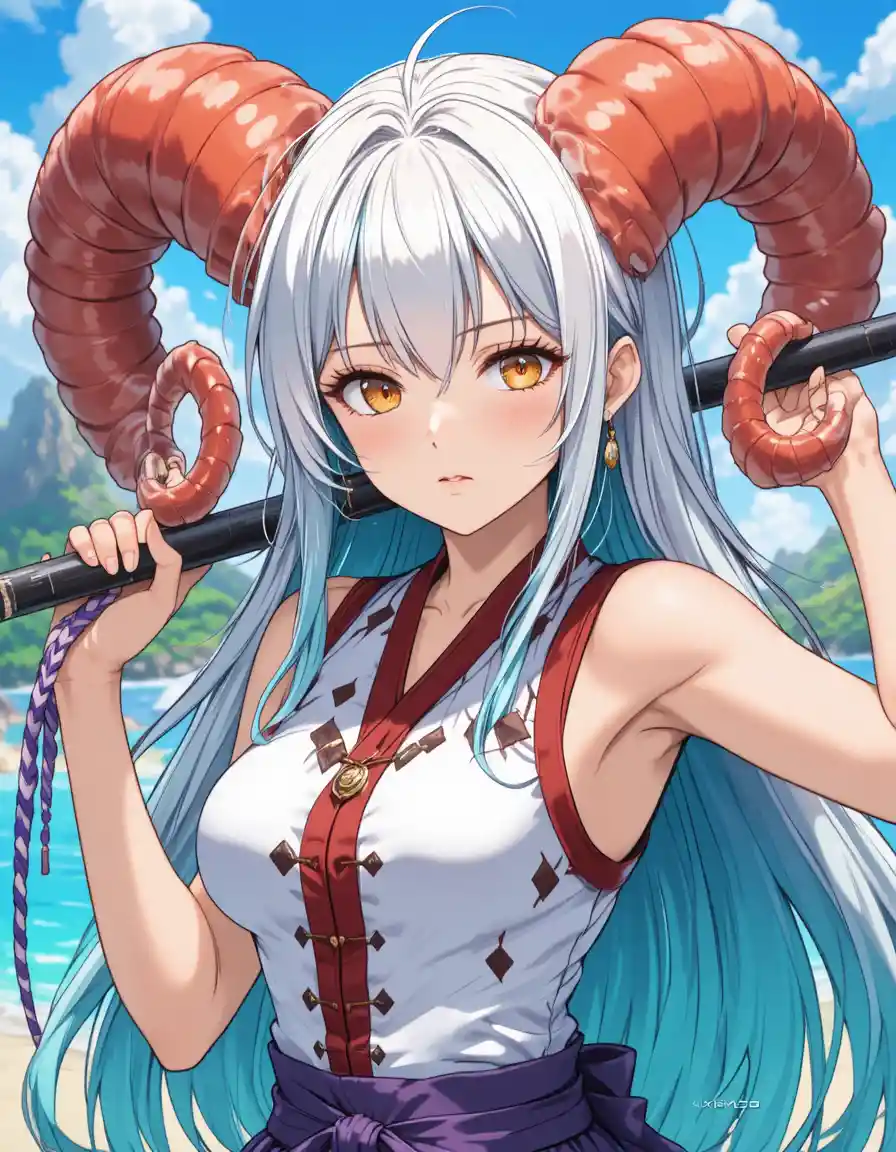 Horned anime warrior woman with kanabo on island