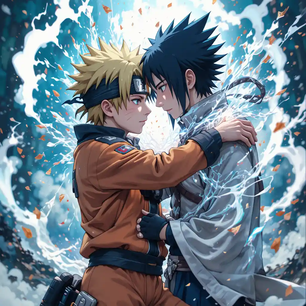Intense anime duel with colliding elemental energy attacks