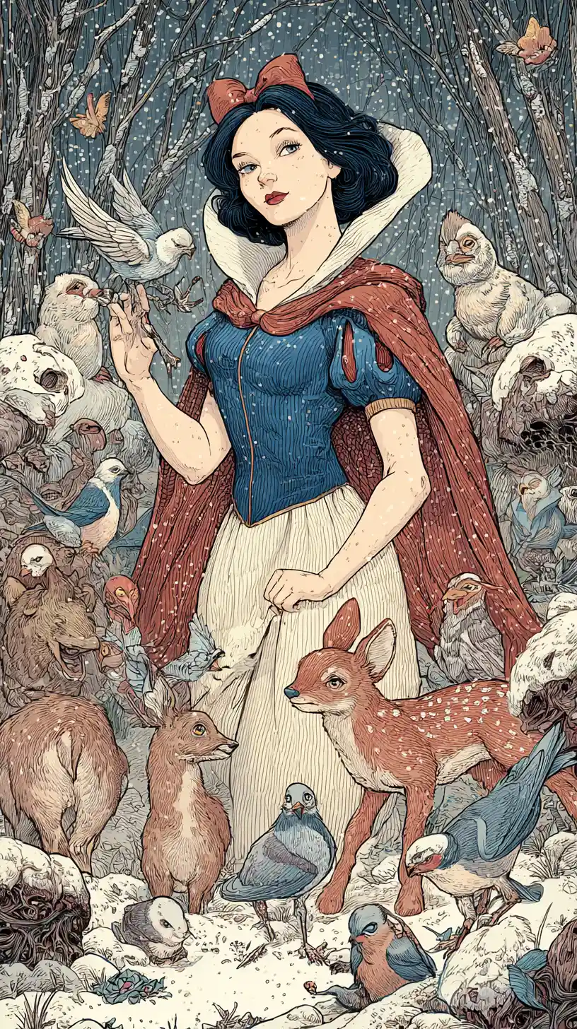 Ragazza fantasy moderna in un mondo innevato con animali