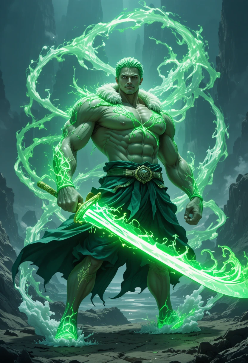 Anime warrior with glowing green sword in combat pose