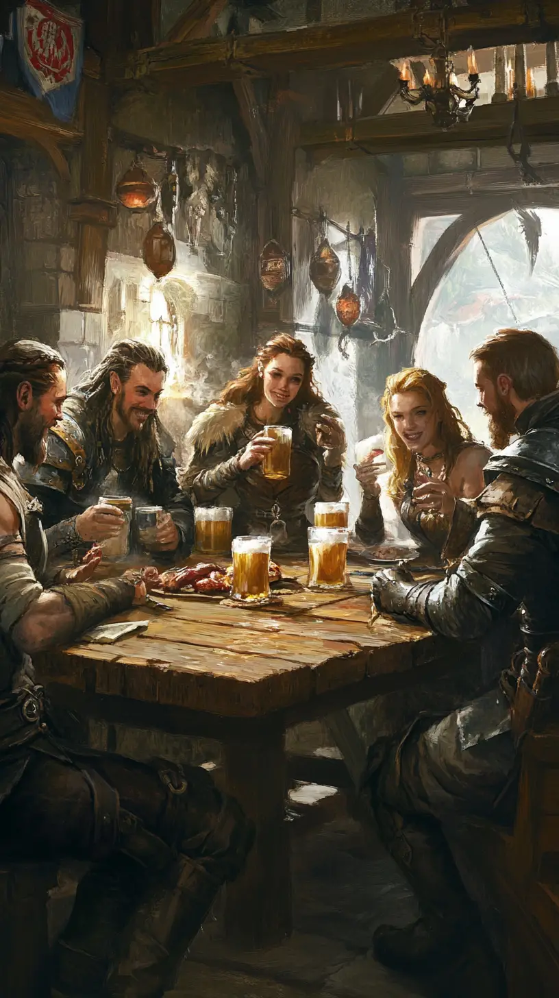 Fantasy adventuring party feasting in a medieval tavern