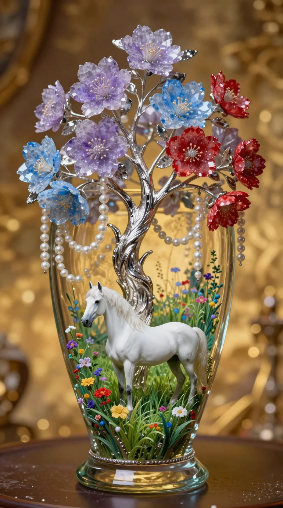 Vaso de flores de cristal com cavalo branco em prado em miniatura