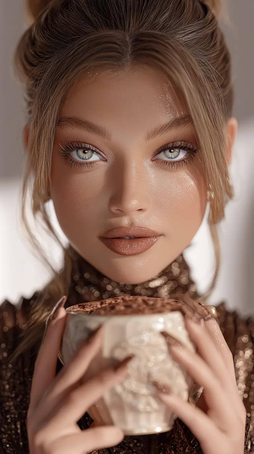 Chic close up fashion drawing of Gigi Hadid with cup