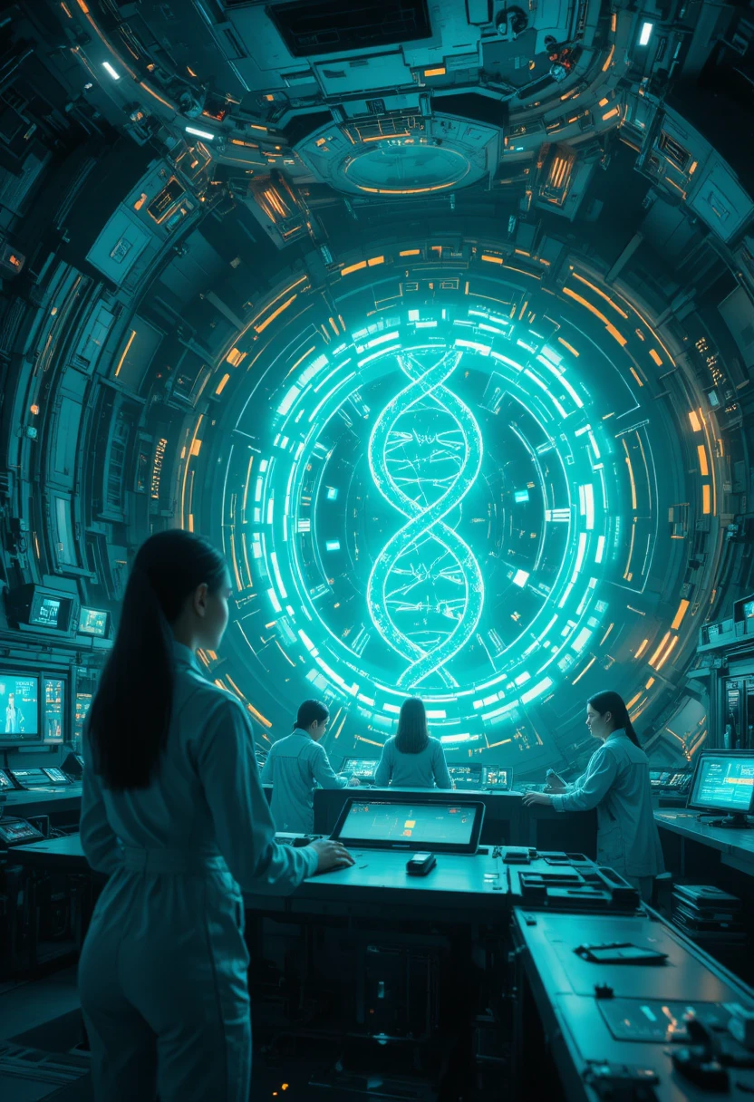 Close up sci fi lab with holographic dna control panel
