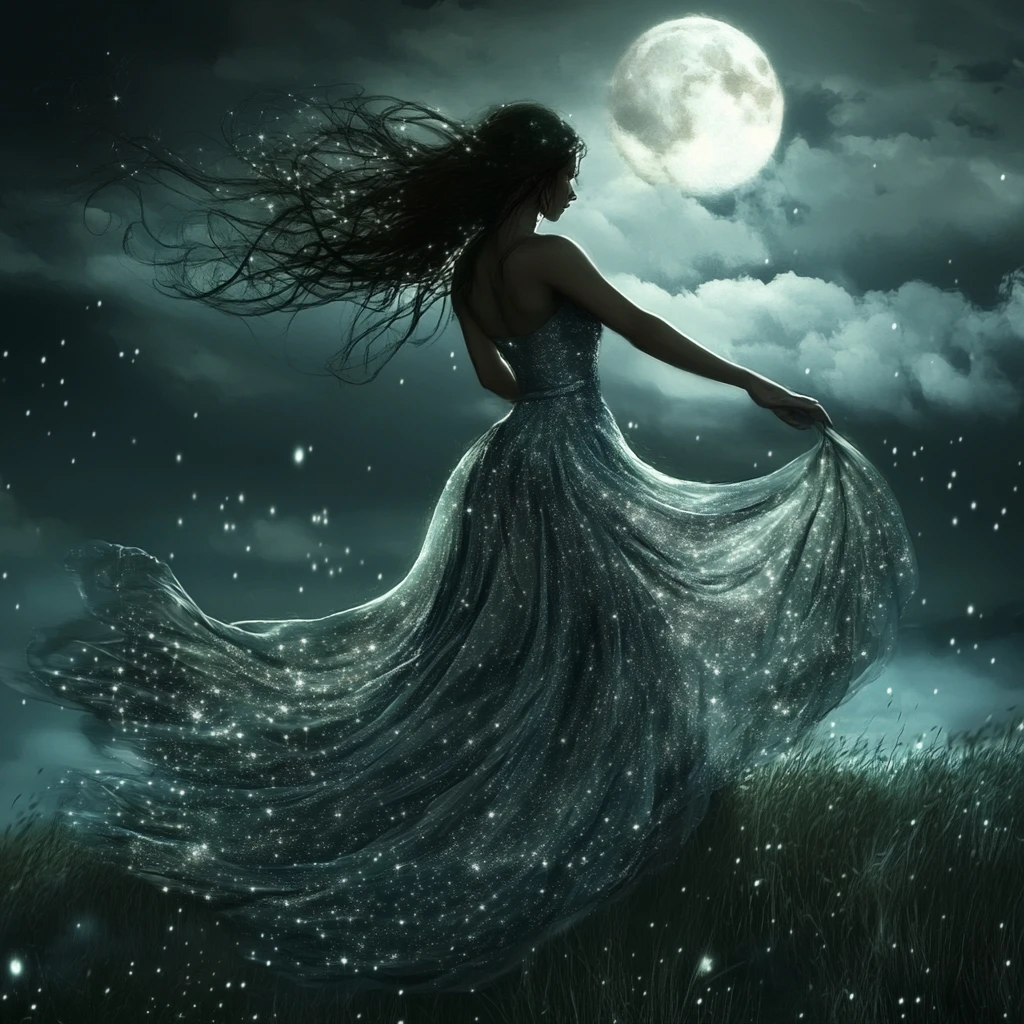 Donna che balla da sola su una collina piovosa illuminata dalla luna