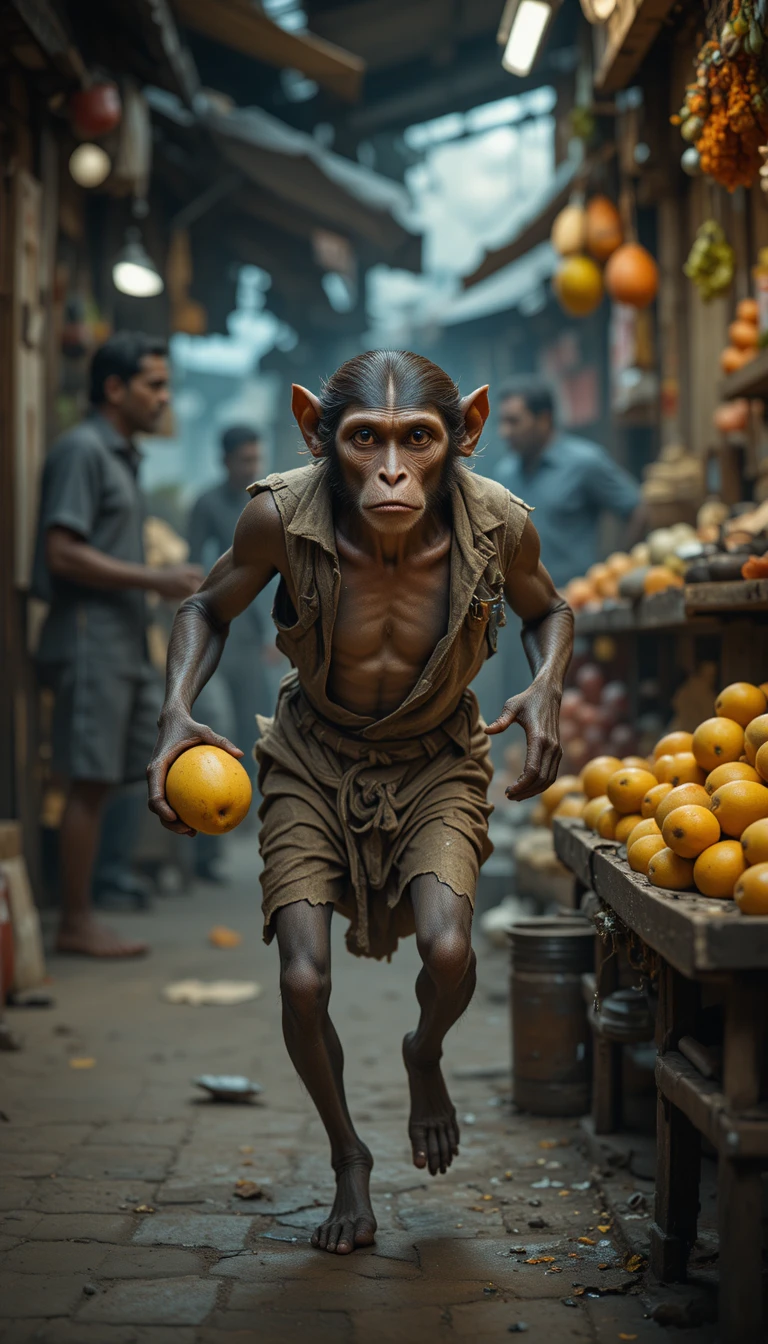 Mono hambriento huyendo con un mango por un mercado callejero de la India