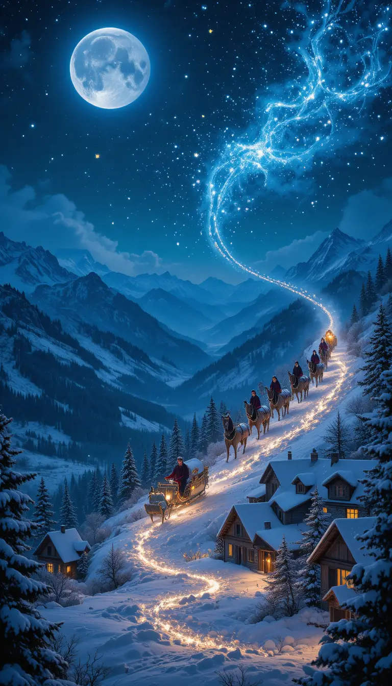 Père Noël volant à travers un ciel nocturne d’hiver étoilé