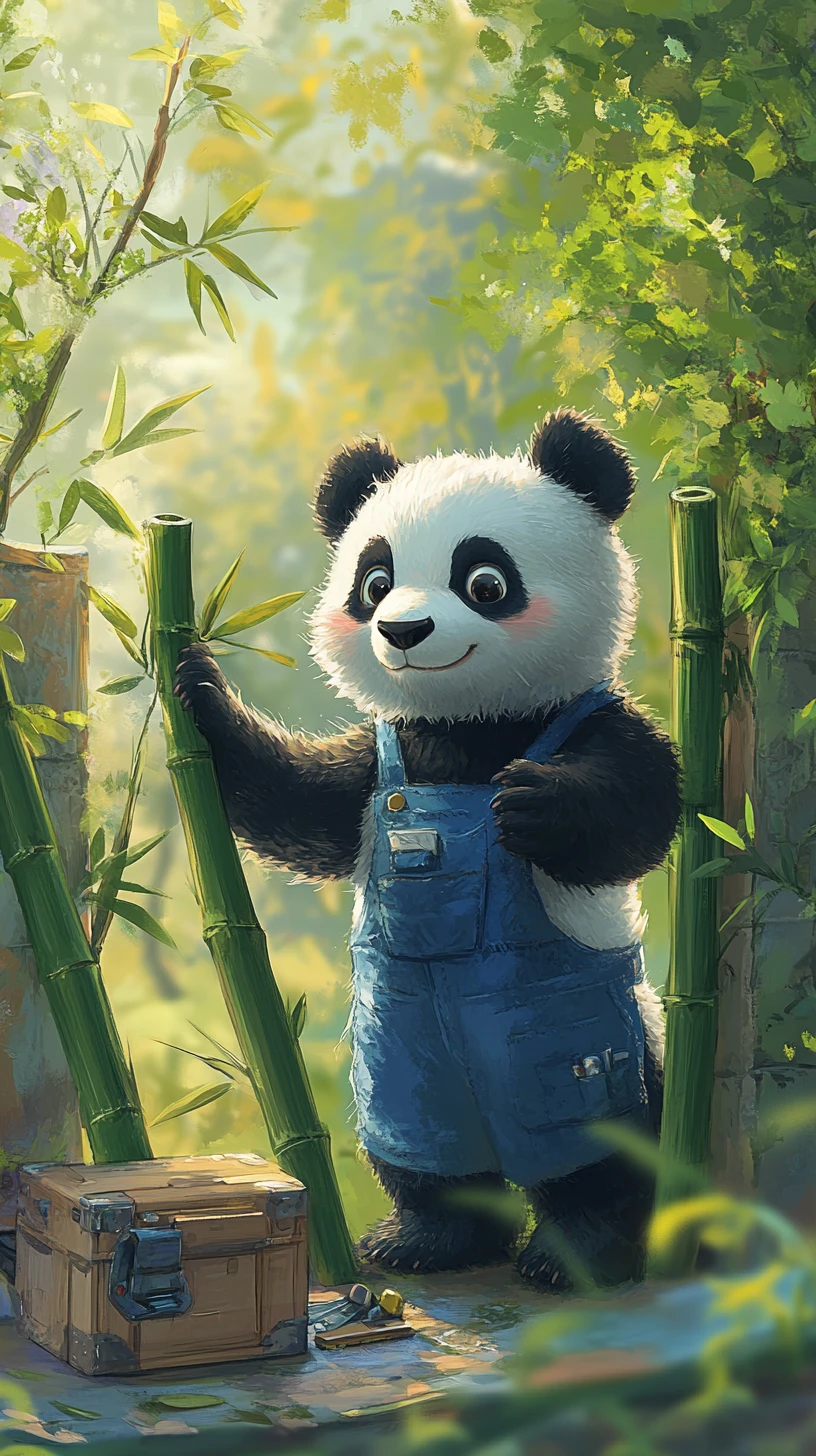 Panda carpenter building a bamboo fence in blue overalls