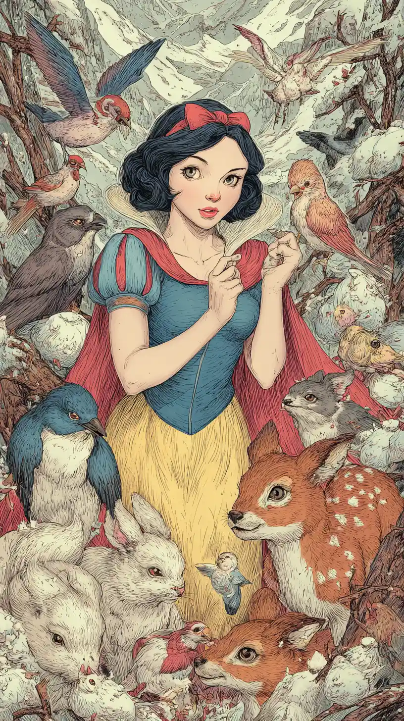 Modern fantasy princess in a snowy world with forest animals