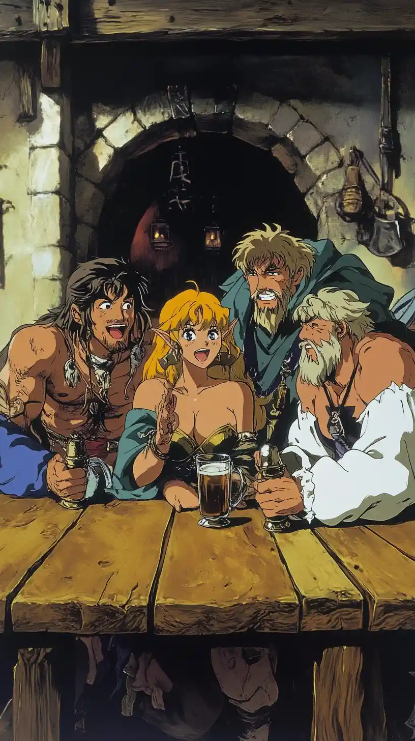 Adventuring companions sharing food and ale in a tavern