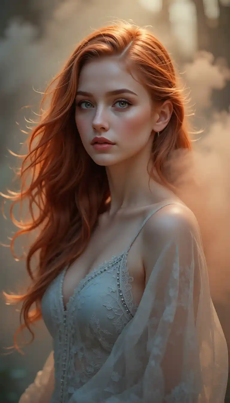 Red haired girl portrait in soft dreamy light
