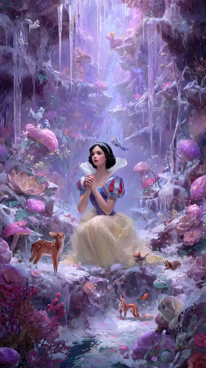 Principessa fantasy moderna in una foresta innevata con animali