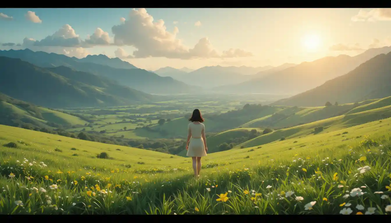 Anime girl in a sunrise valley with distant mountains