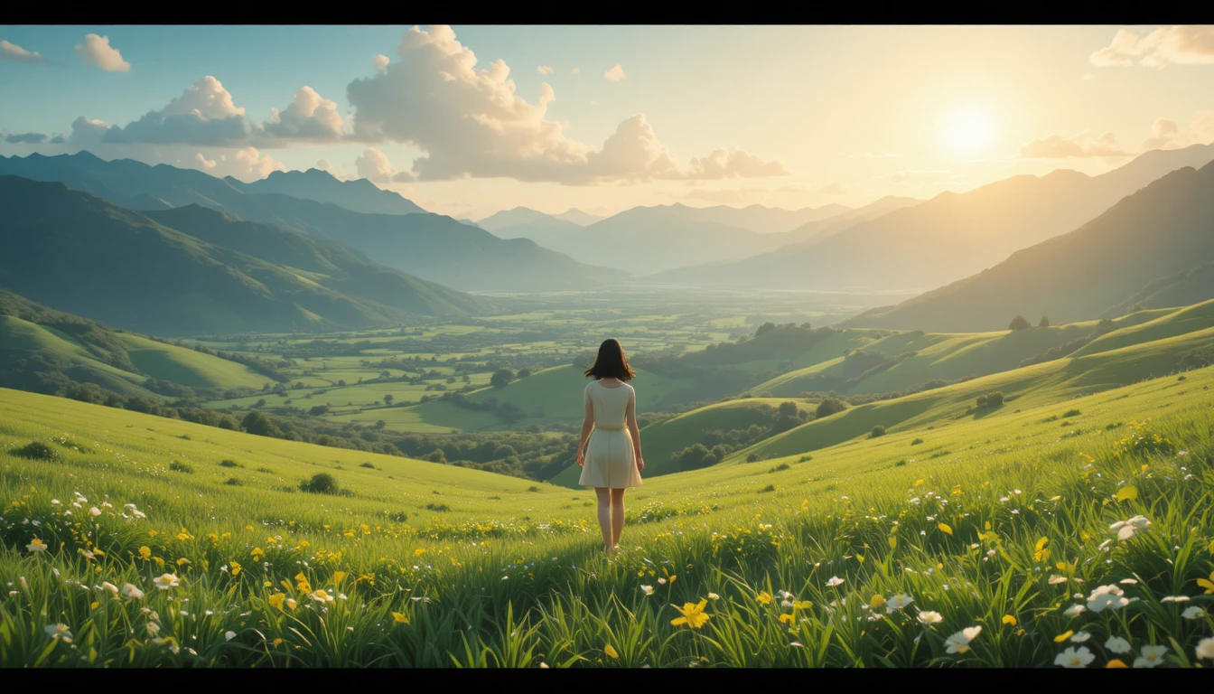 Chica de anime en un valle al amanecer con montañas lejanas