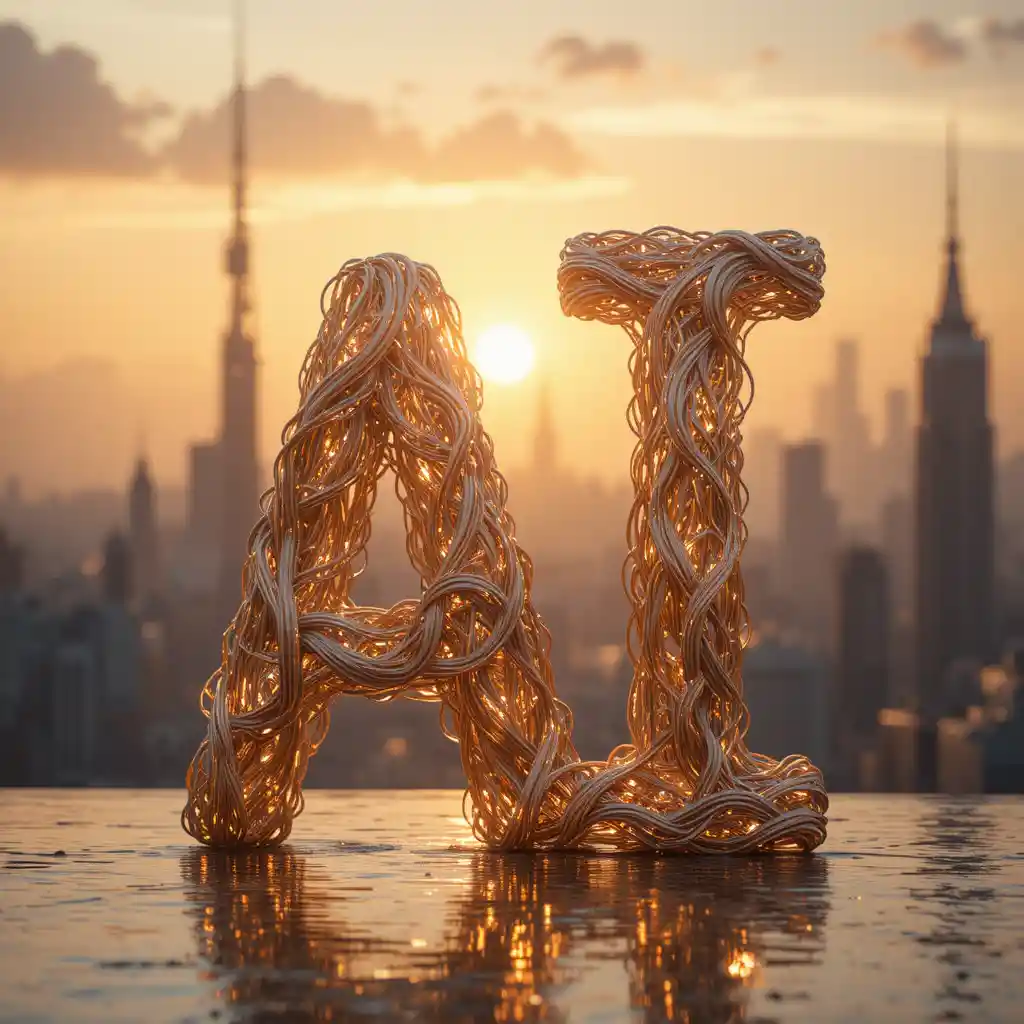 Letras de IA brilhantes sobre uma paisagem urbana futurista e onírica