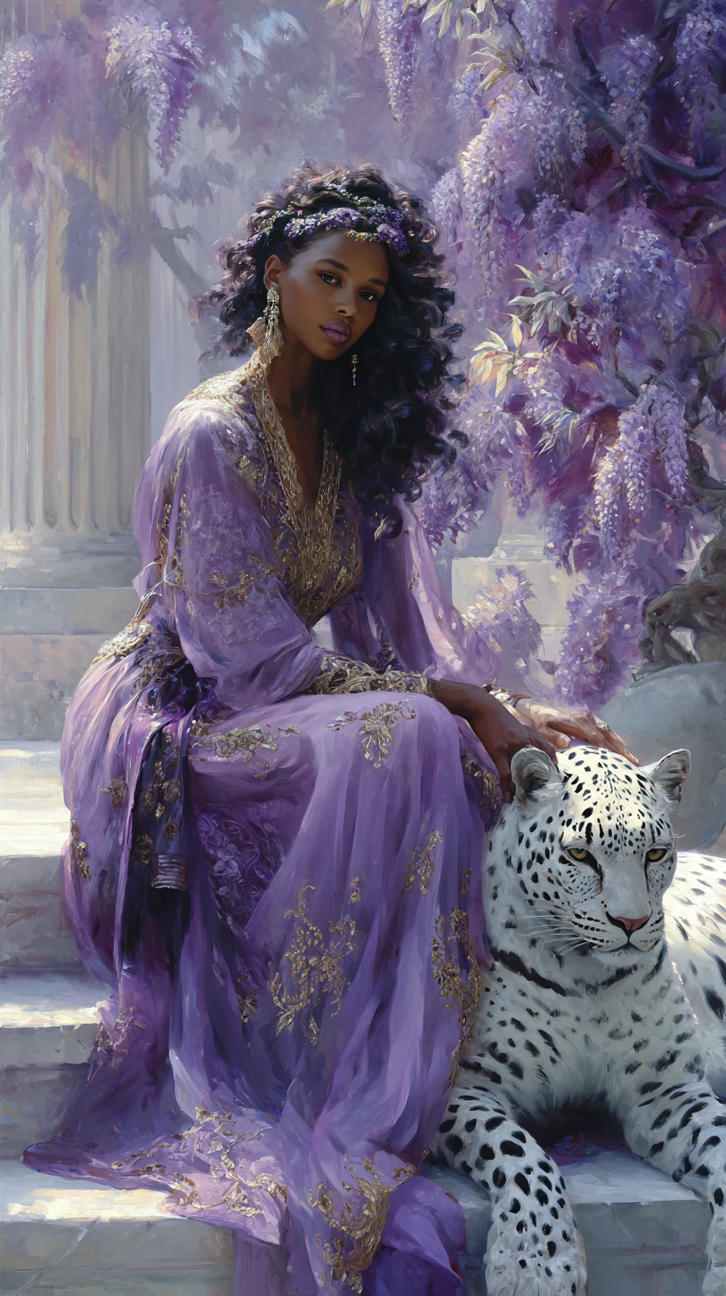 Mulher régia em vestido roxo com leopardo branco