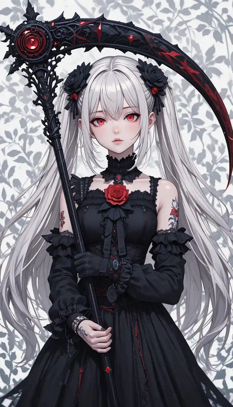 Gothic woman with scythe and roses in patterned background