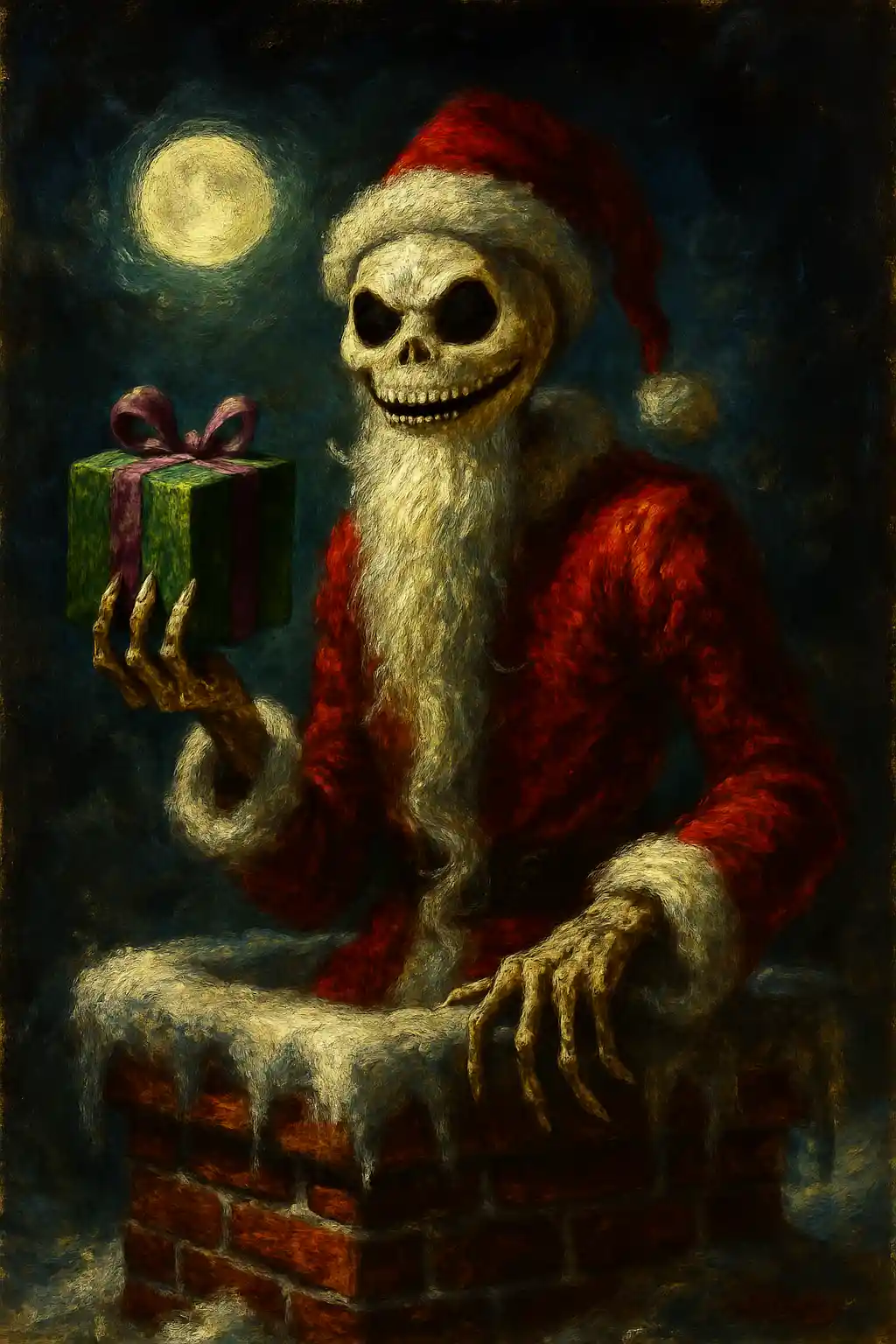 Makabrer Skelett-Weihnachtsmann, der aus einem verschneiten Ziegelschornstein aufsteigt