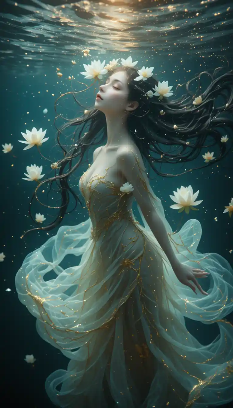 Ethereal young woman drifting calmly in dark water