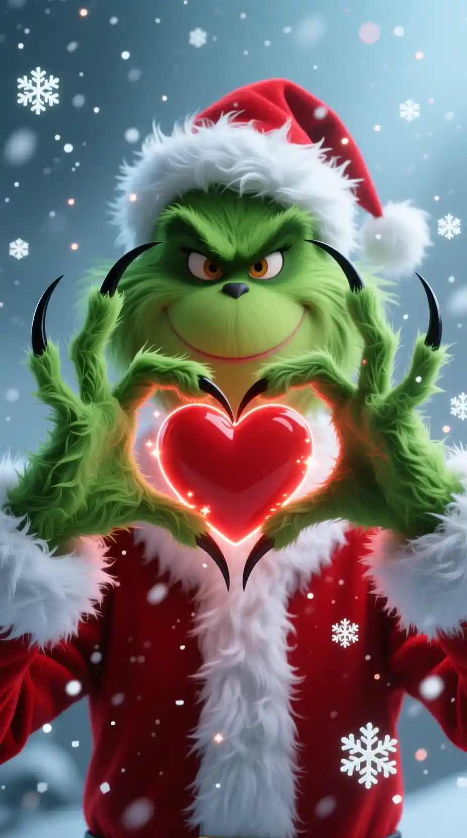 Green furry hands forming a glowing Christmas heart