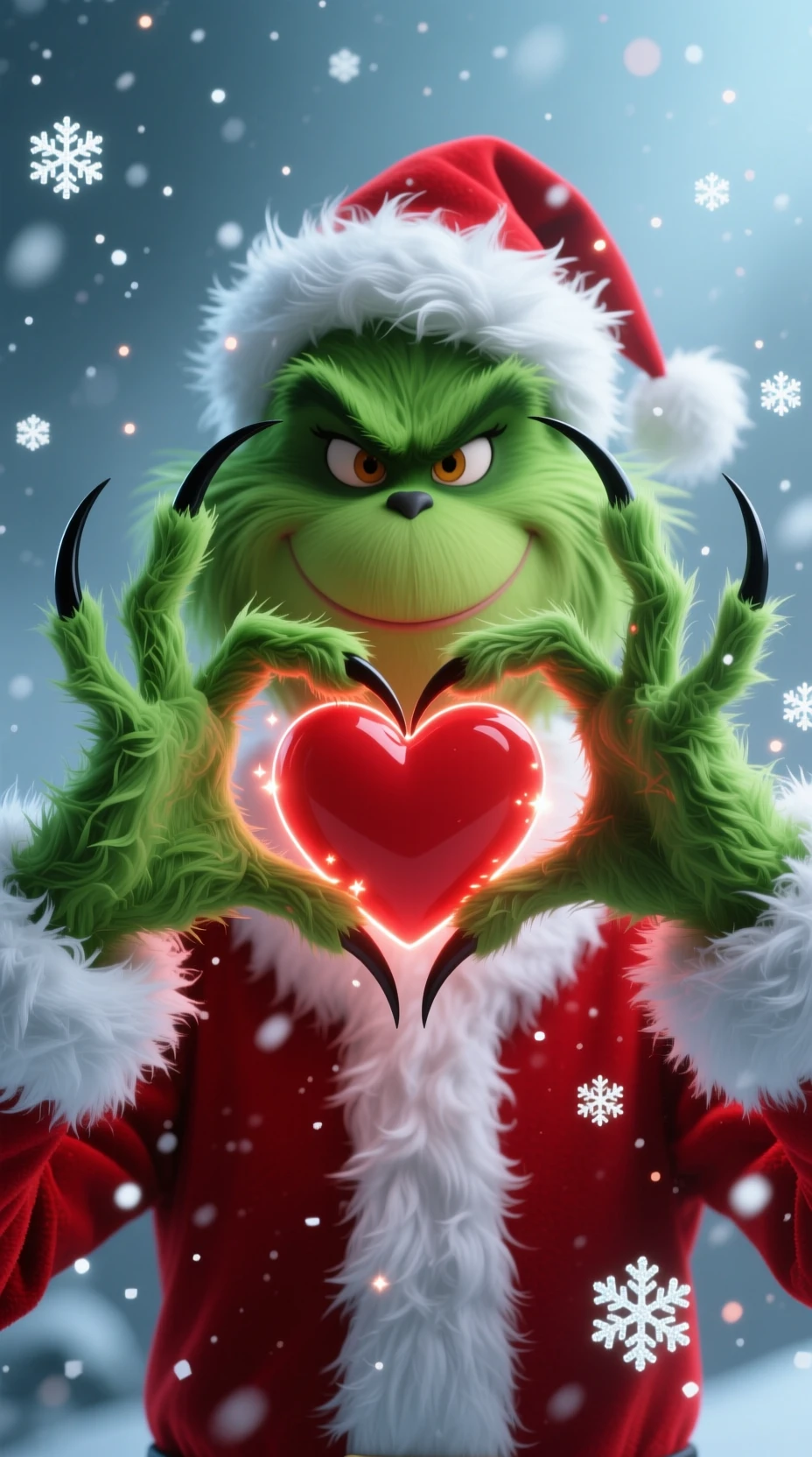 Grüne, pelzige Hände formen ein leuchtendes Weihnachtsherz