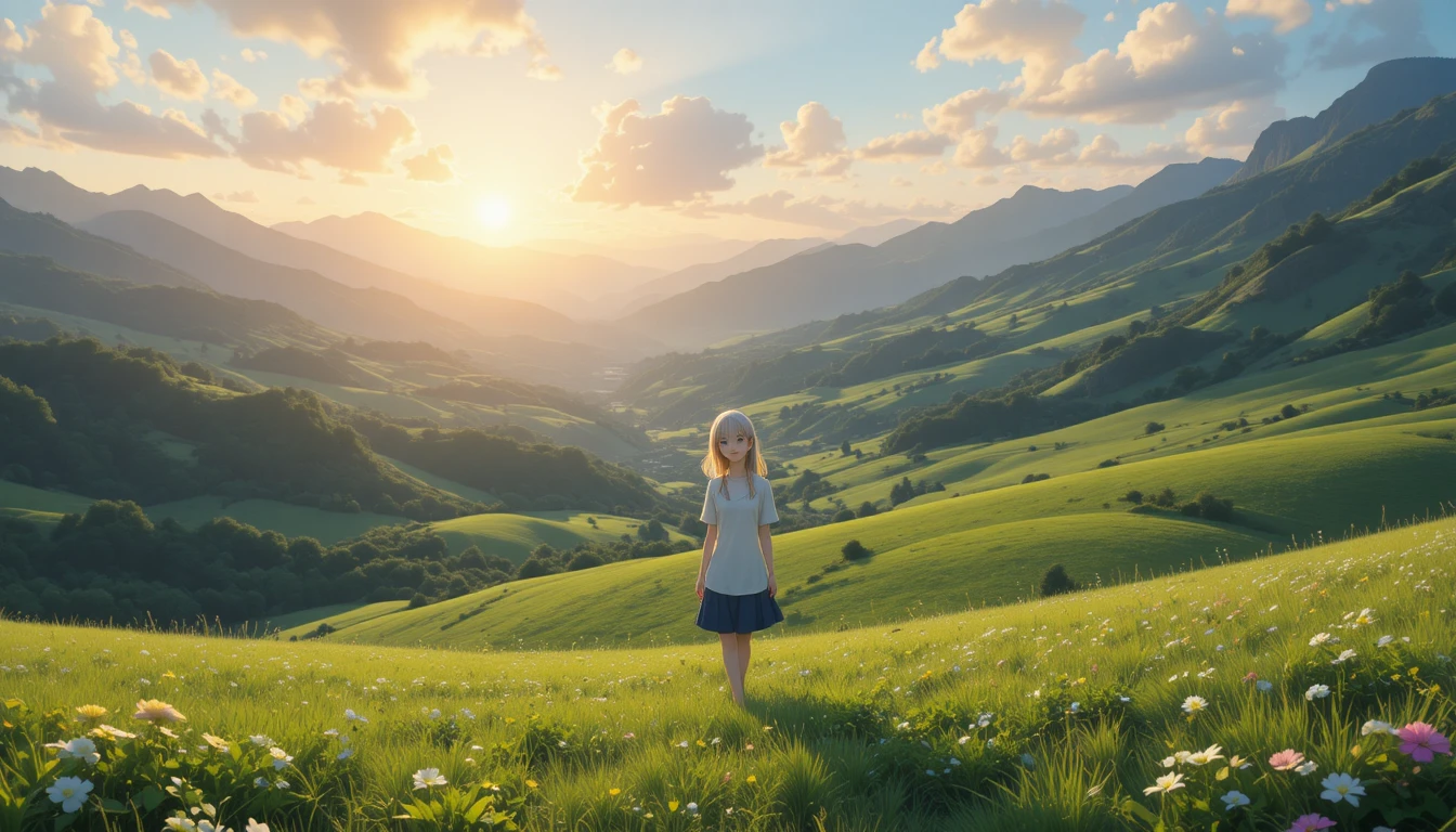 Anime-Mädchen im grünen Tal bei sanftem Sonnenaufgang