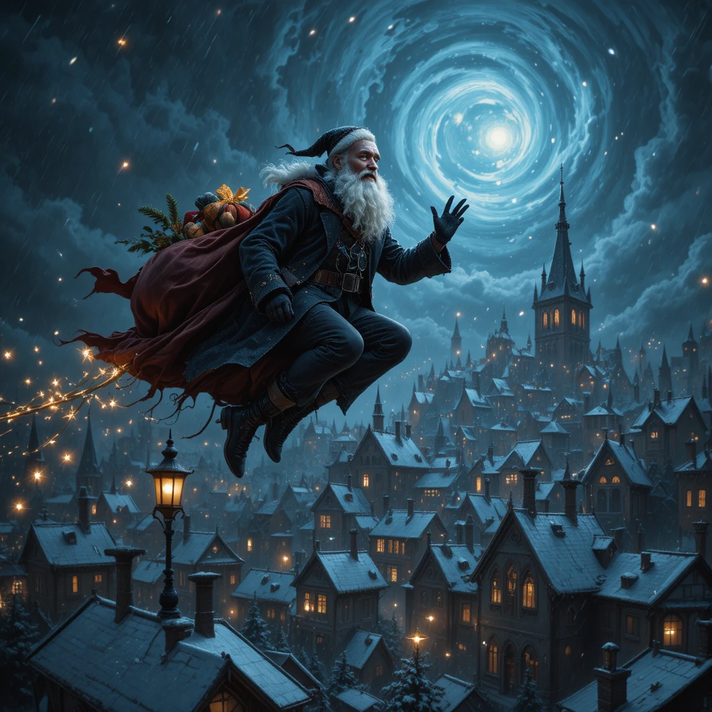 Gothic Santa Claus Flying Over Snowy City At Night