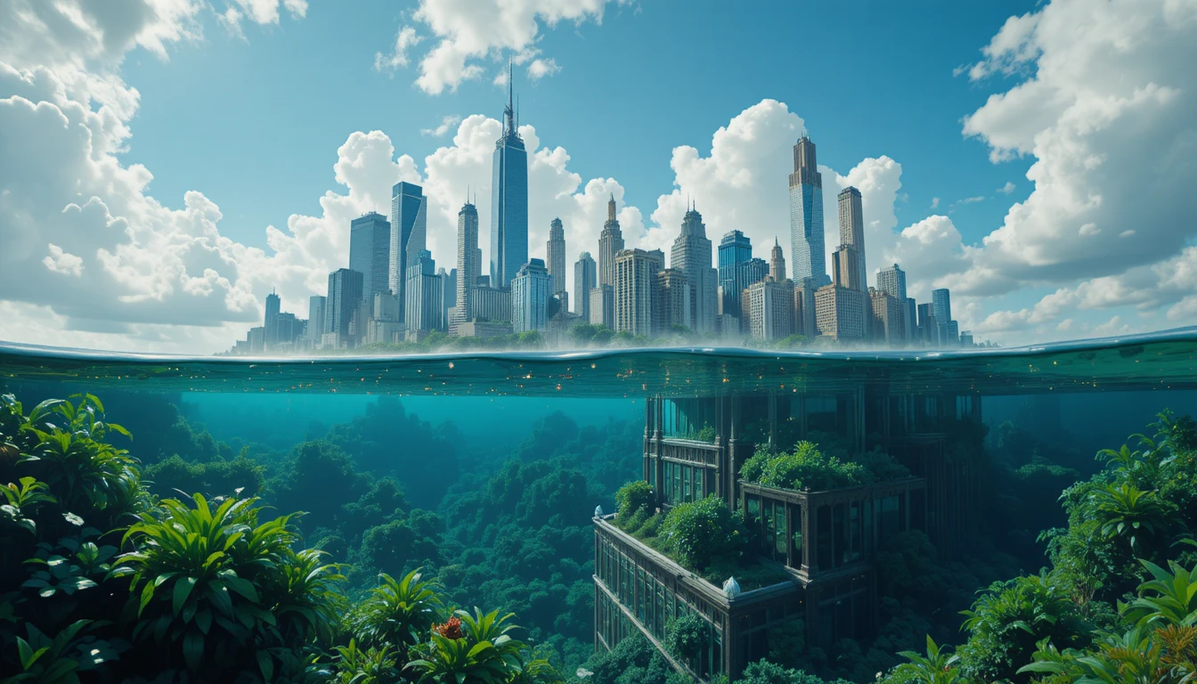 Skyline urbain surréaliste divisé par un monde sous-marin limpide