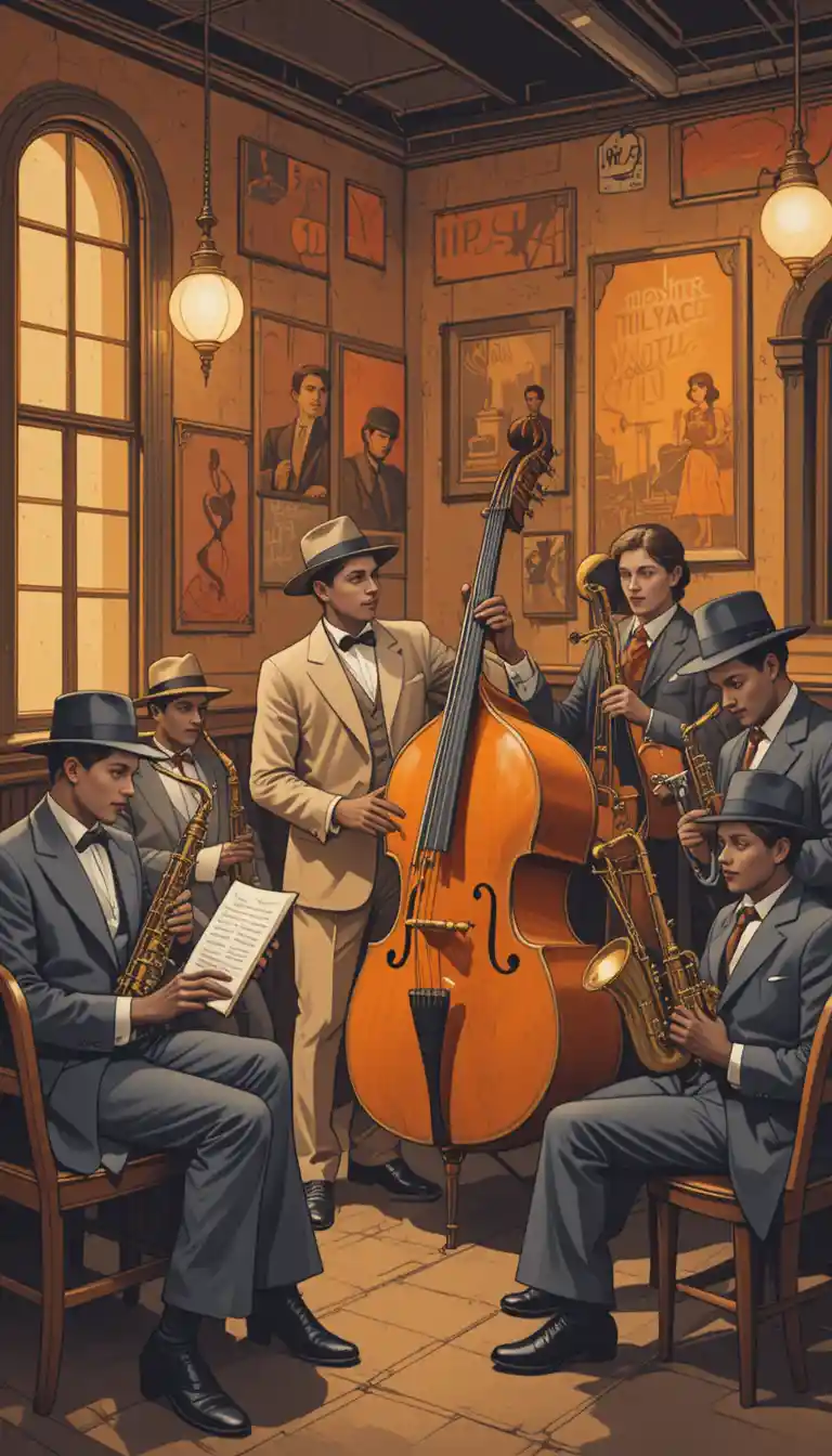Band jazz di cinque musicisti in un caldo club dallo stile vintage