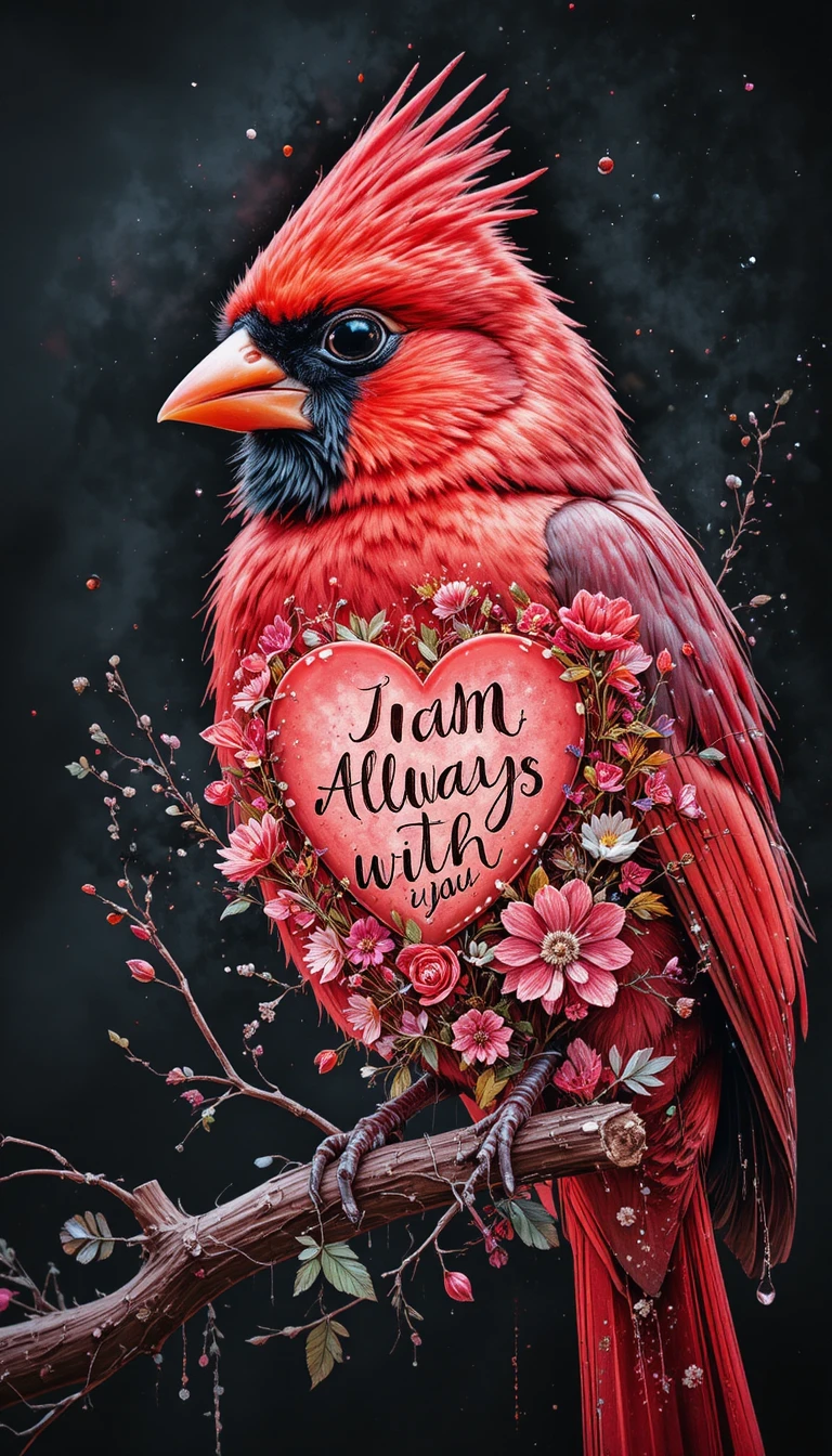 Red cardinal digital painting with heartfelt message inside